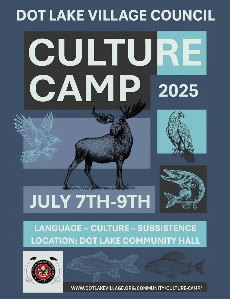 Dot Lake Village Council Culture Camp 2025; July 7th-9th; Language-Culture-Subsistence; Location: Dot Lake Community Hall